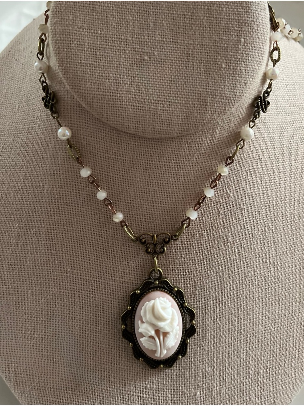 Victorian Style Old Rose Angel Skin Cameo Necklace Vintage Crystals